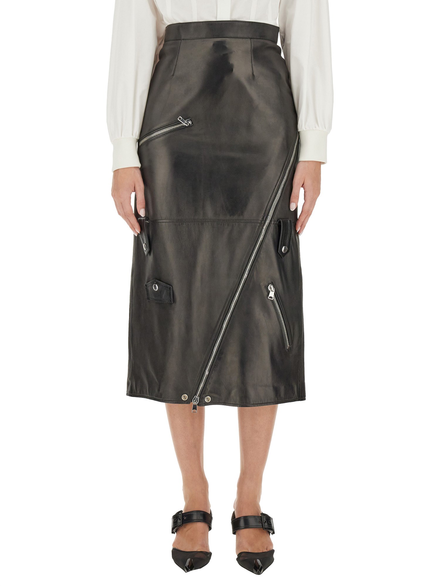 ALEXANDER McQUEEN    LEATHER MIDI SKIRT WITH ZIPPER