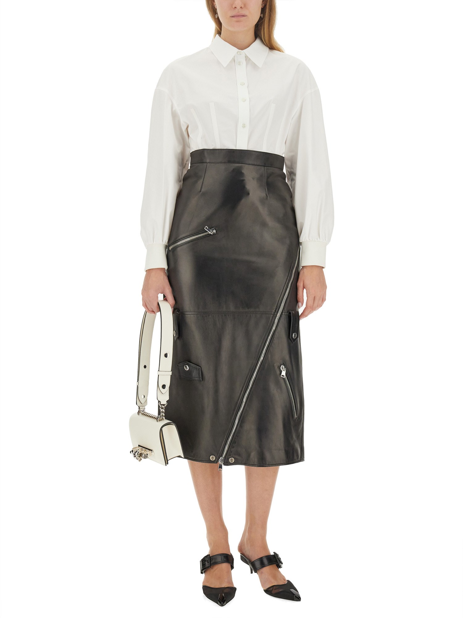 ALEXANDER McQUEEN    LEATHER MIDI SKIRT WITH ZIPPER