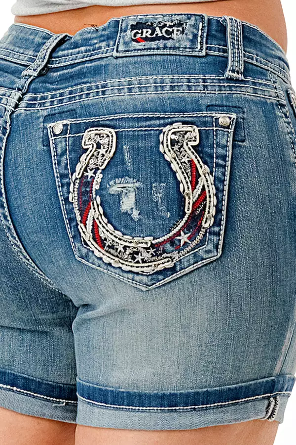 Americana Horse Shoe Mid Rise Denim Shorts