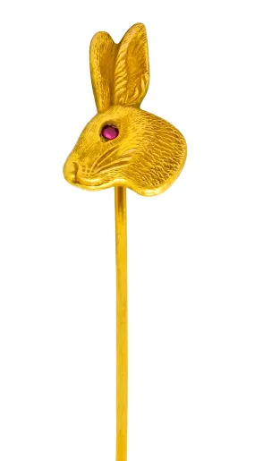 Art Nouveau Ruby 14 Karat Gold Rabbit Stickpin