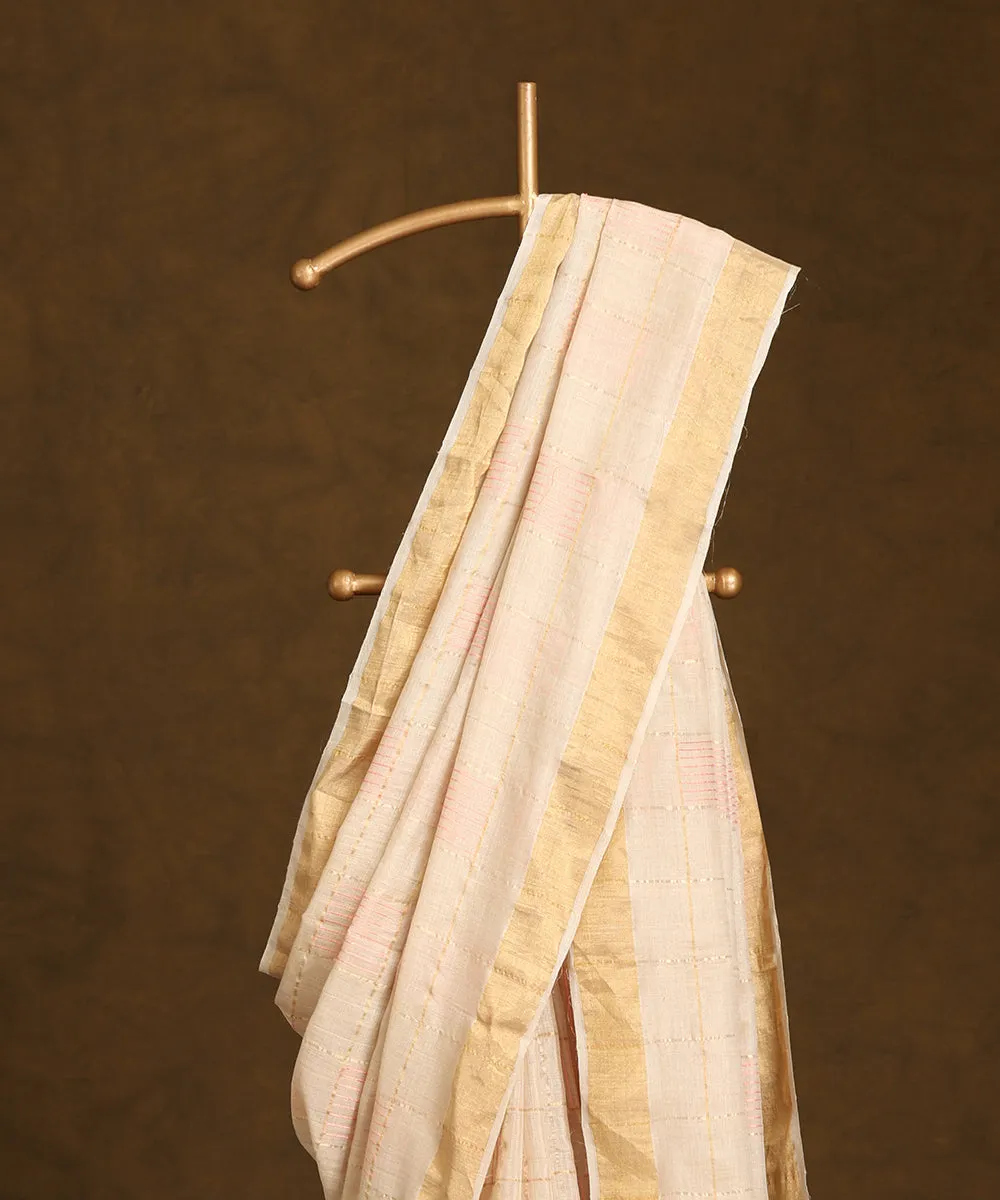 Beige Handloom Pure Kosa Silk Striped Saree With Zari Border