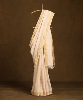 Beige Handloom Pure Kosa Silk Striped Saree With Zari Border