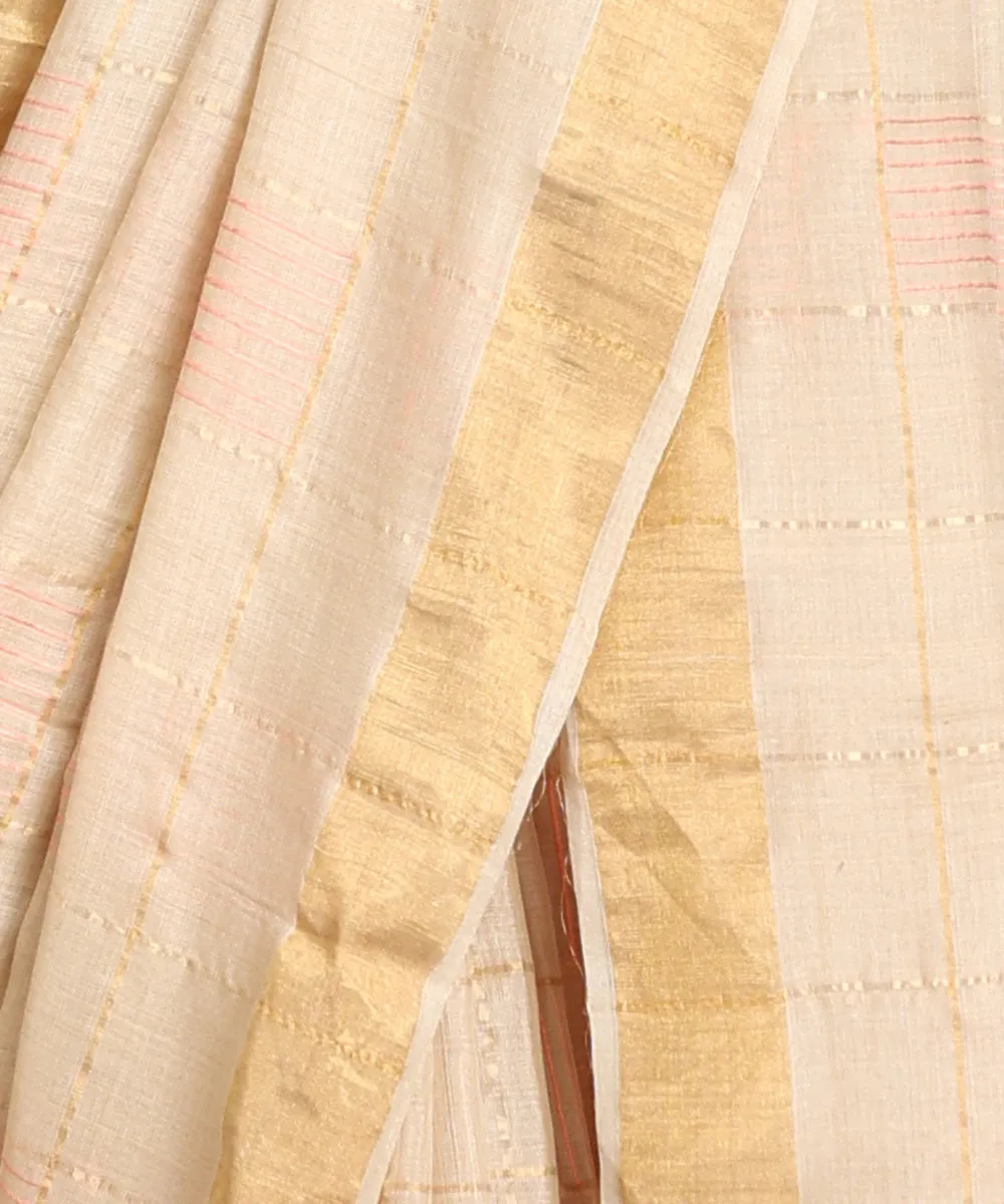 Beige Handloom Pure Kosa Silk Striped Saree With Zari Border