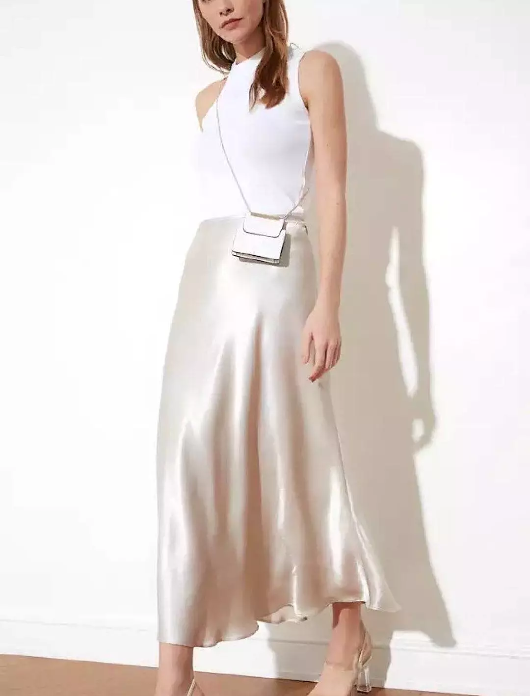 Beige Satin Midi Plain Skirt