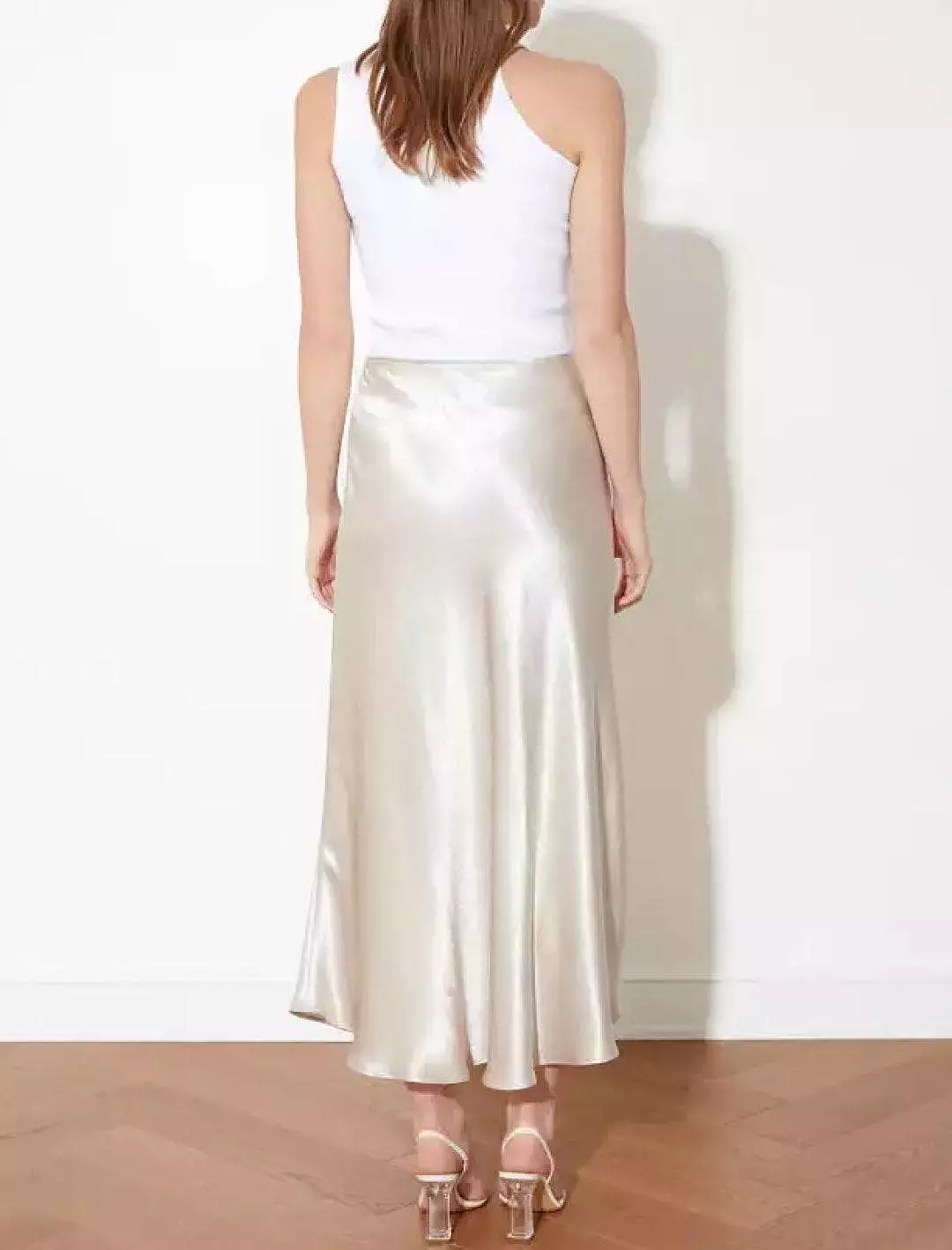 Beige Satin Midi Plain Skirt