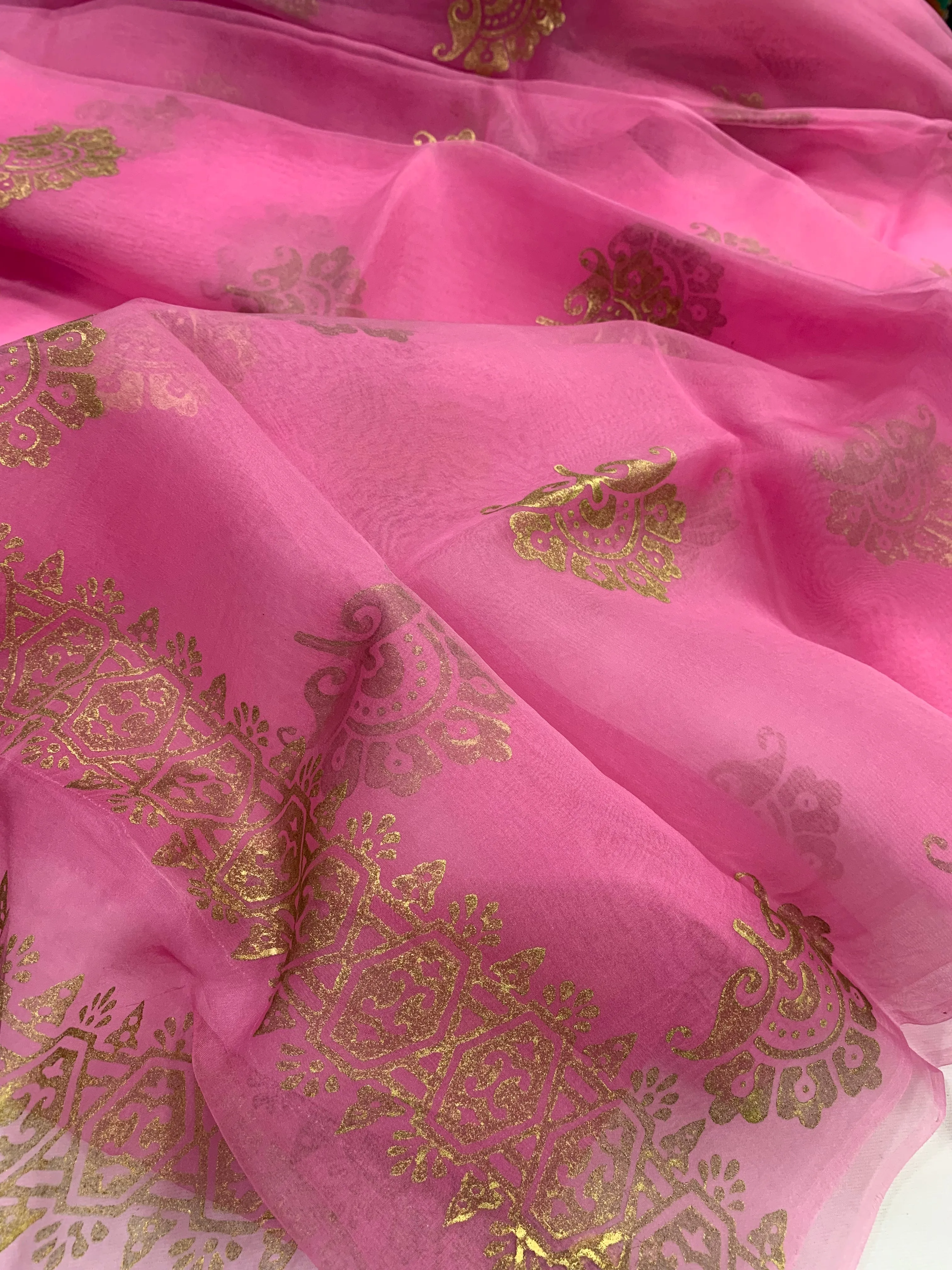 BLOCK PRINTED PURE SILK ORGANZA SAREE