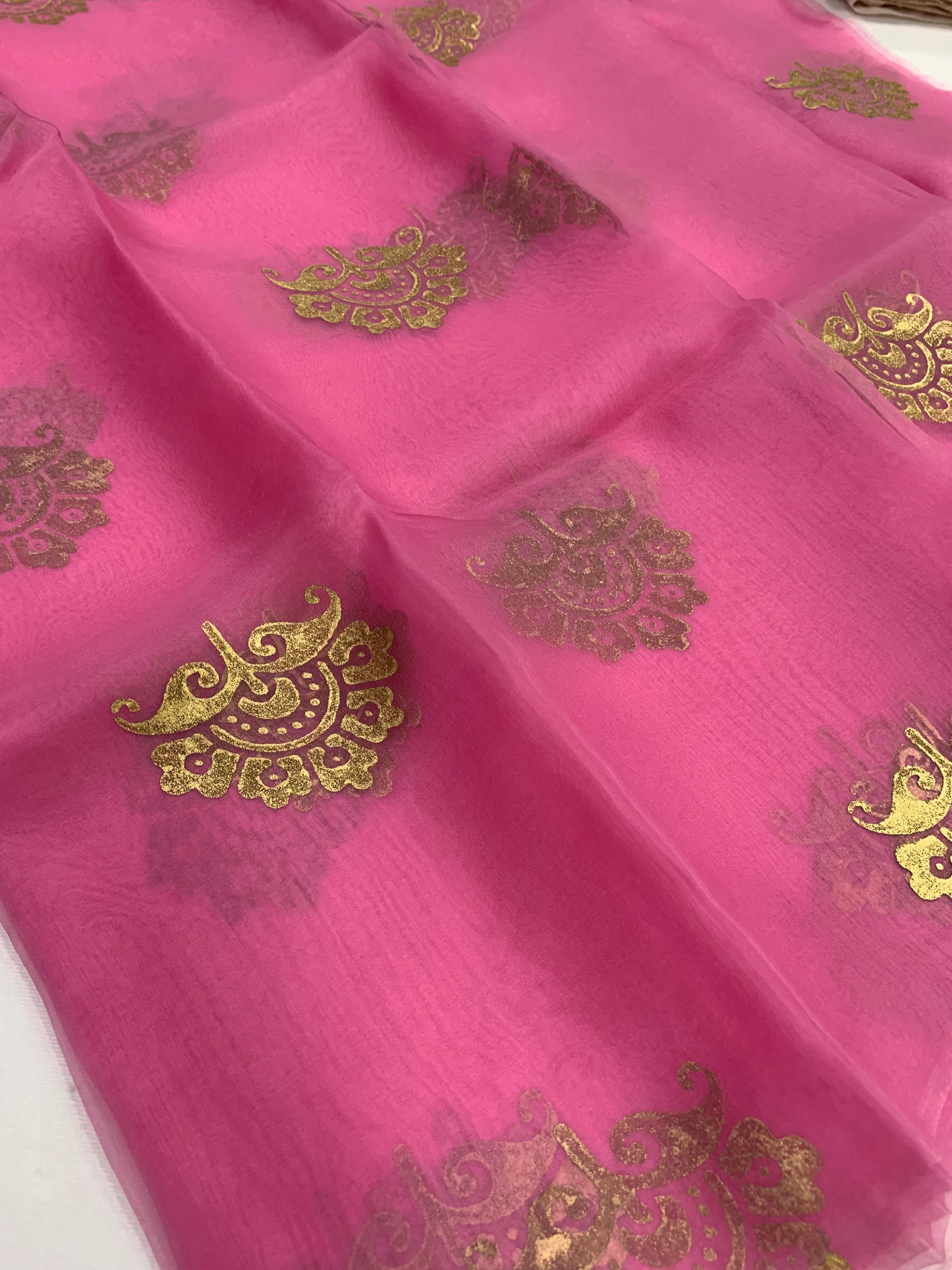 BLOCK PRINTED PURE SILK ORGANZA SAREE