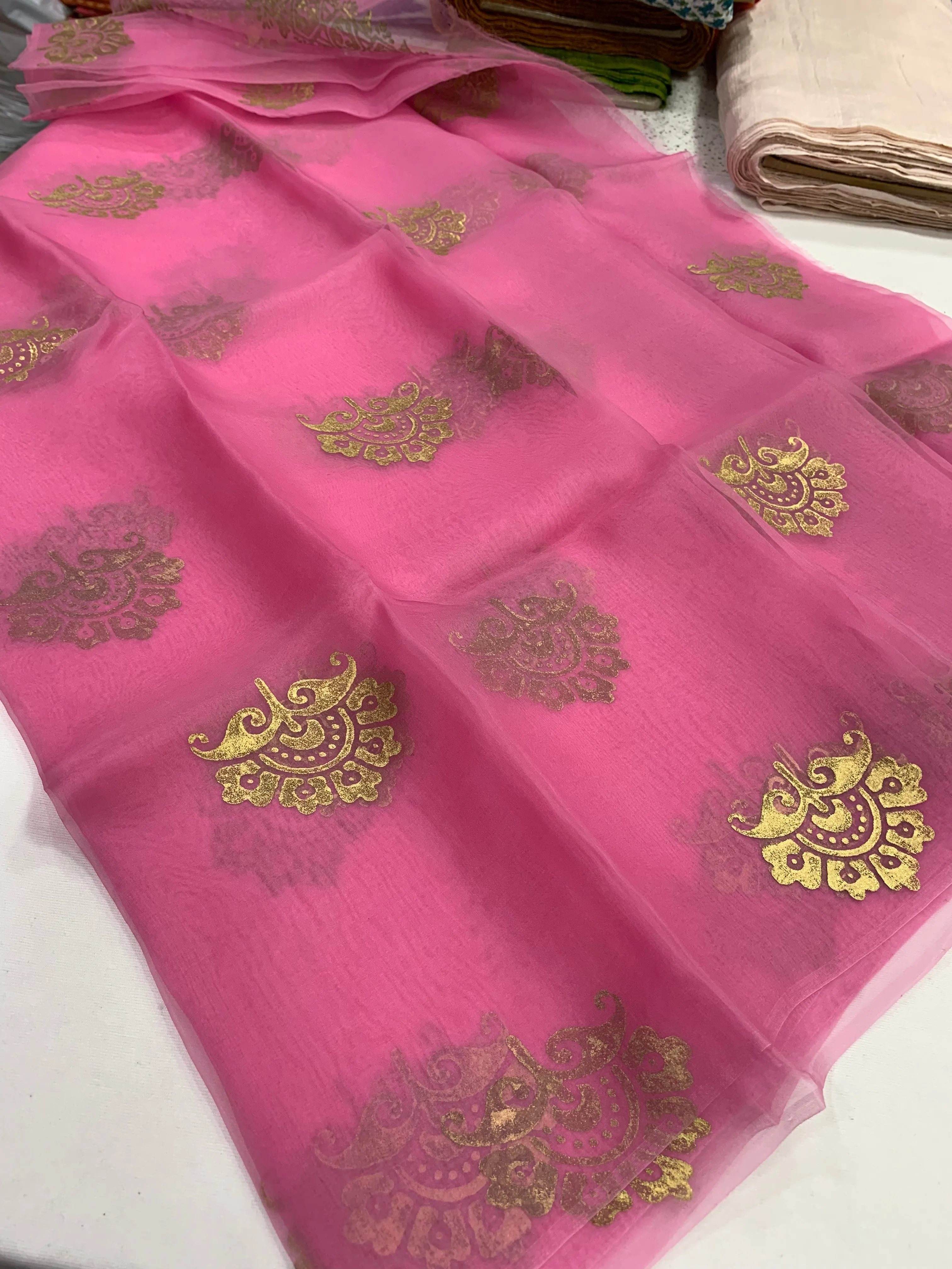 BLOCK PRINTED PURE SILK ORGANZA SAREE