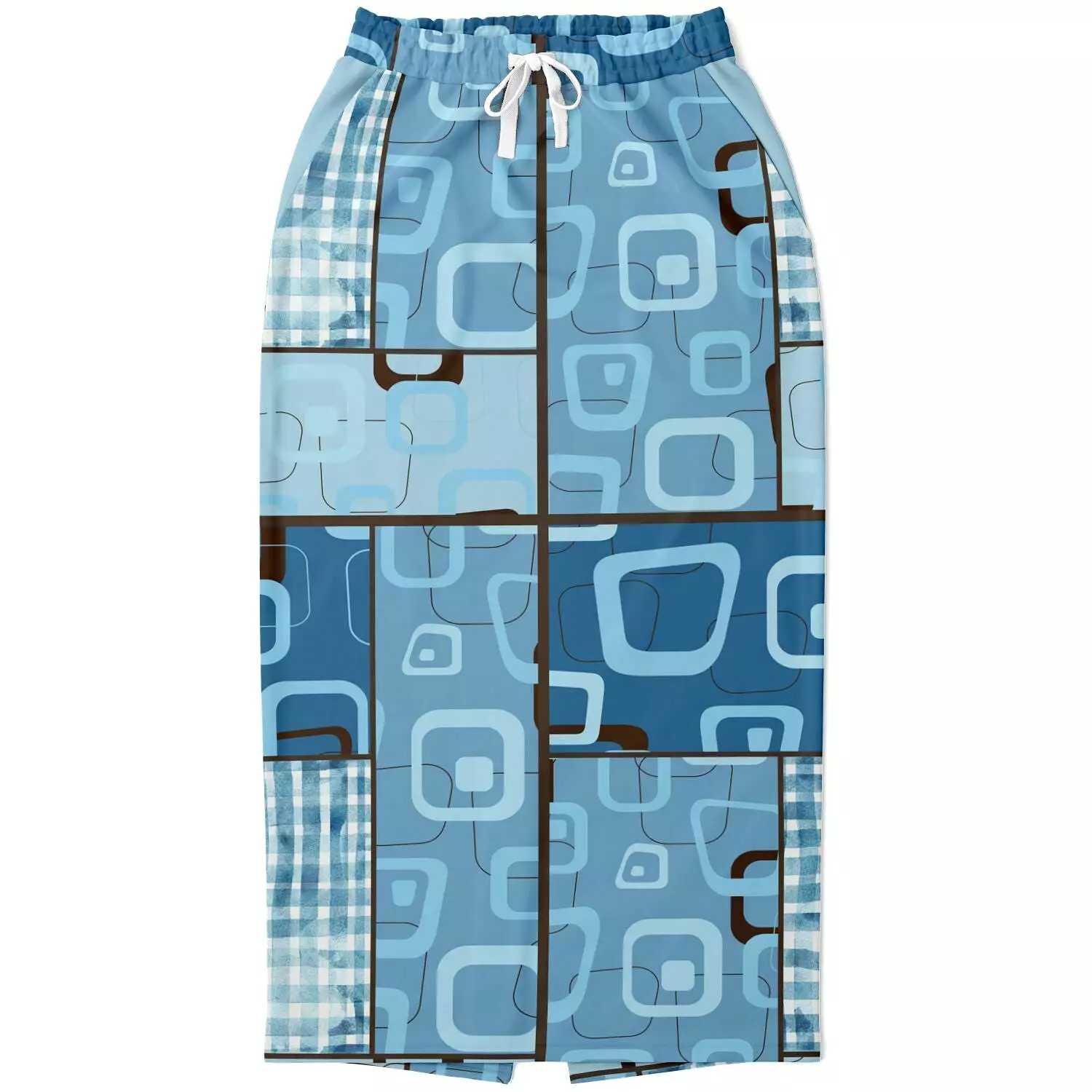 Blue Geo Patchwork Eco-Poly Long Pocket Skirt