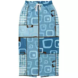 Blue Geo Patchwork Eco-Poly Long Pocket Skirt