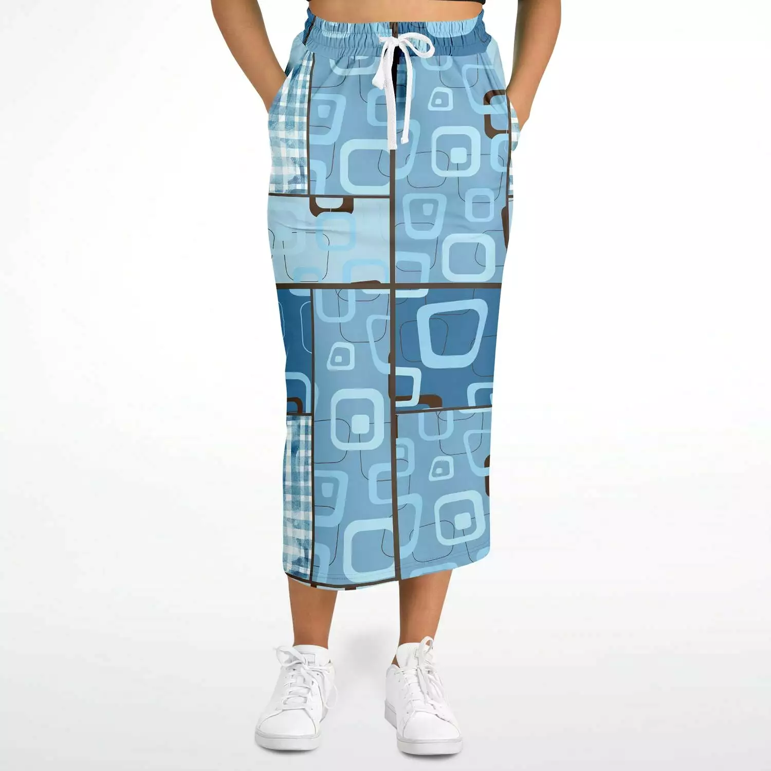 Blue Geo Patchwork Eco-Poly Long Pocket Skirt