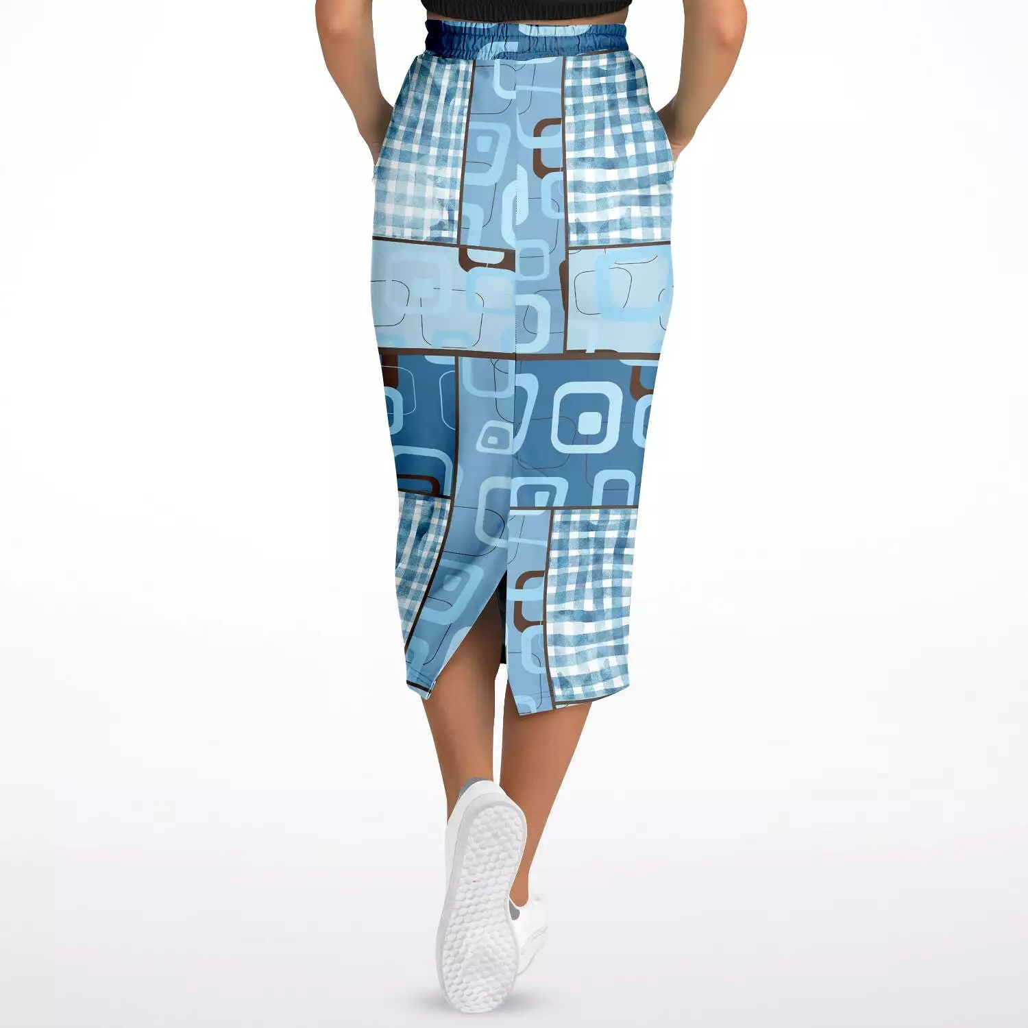 Blue Geo Patchwork Eco-Poly Long Pocket Skirt