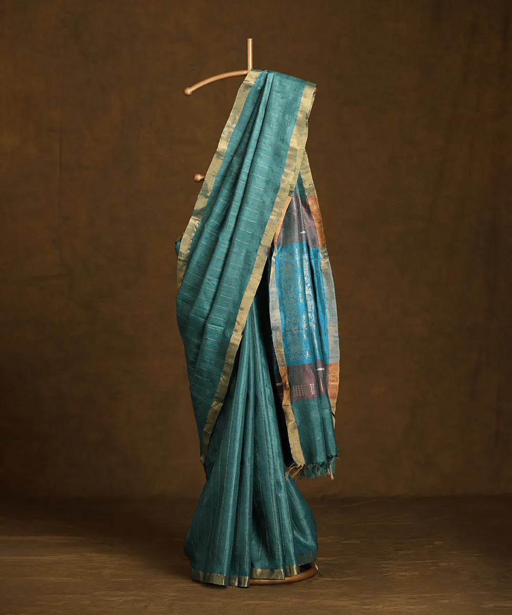 Blue Handloom Pure Kosa Silk Saree With Zari Stripes And Border