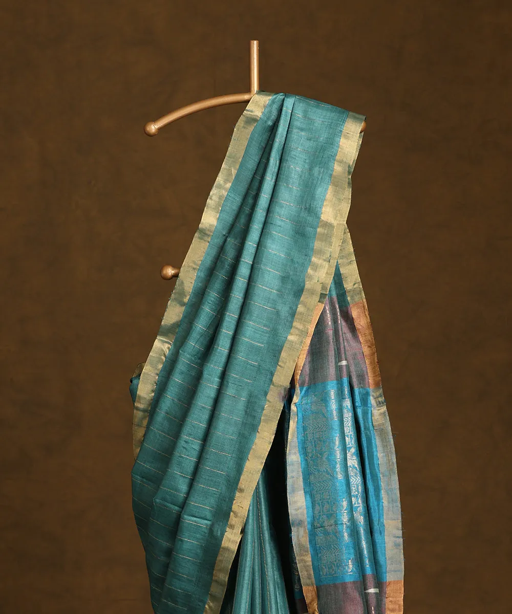 Blue Handloom Pure Kosa Silk Saree With Zari Stripes And Border