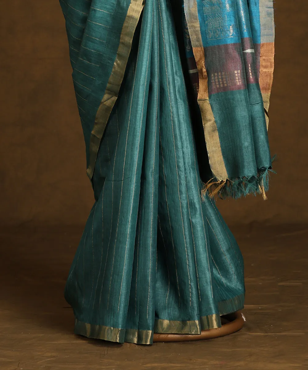 Blue Handloom Pure Kosa Silk Saree With Zari Stripes And Border