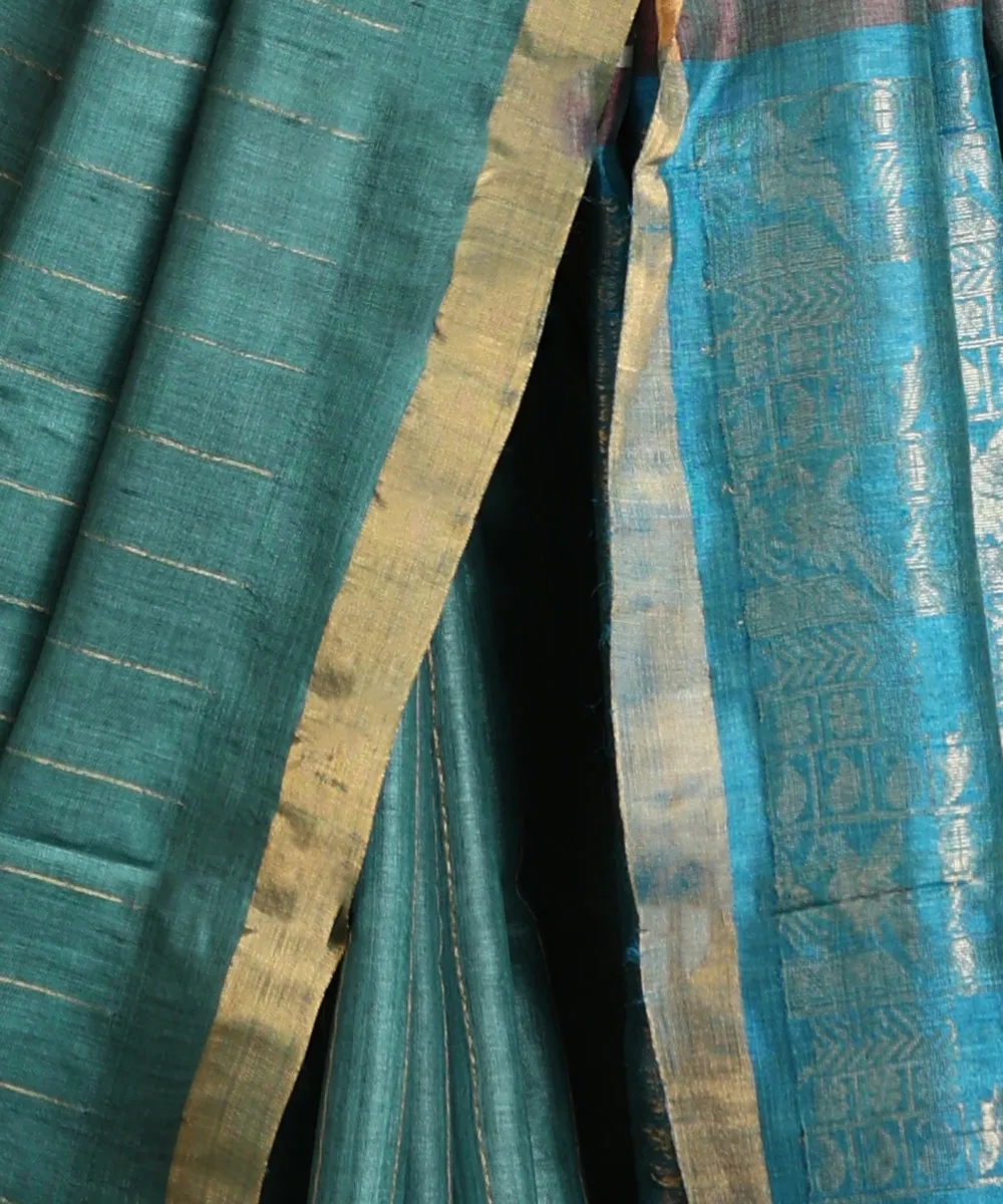 Blue Handloom Pure Kosa Silk Saree With Zari Stripes And Border