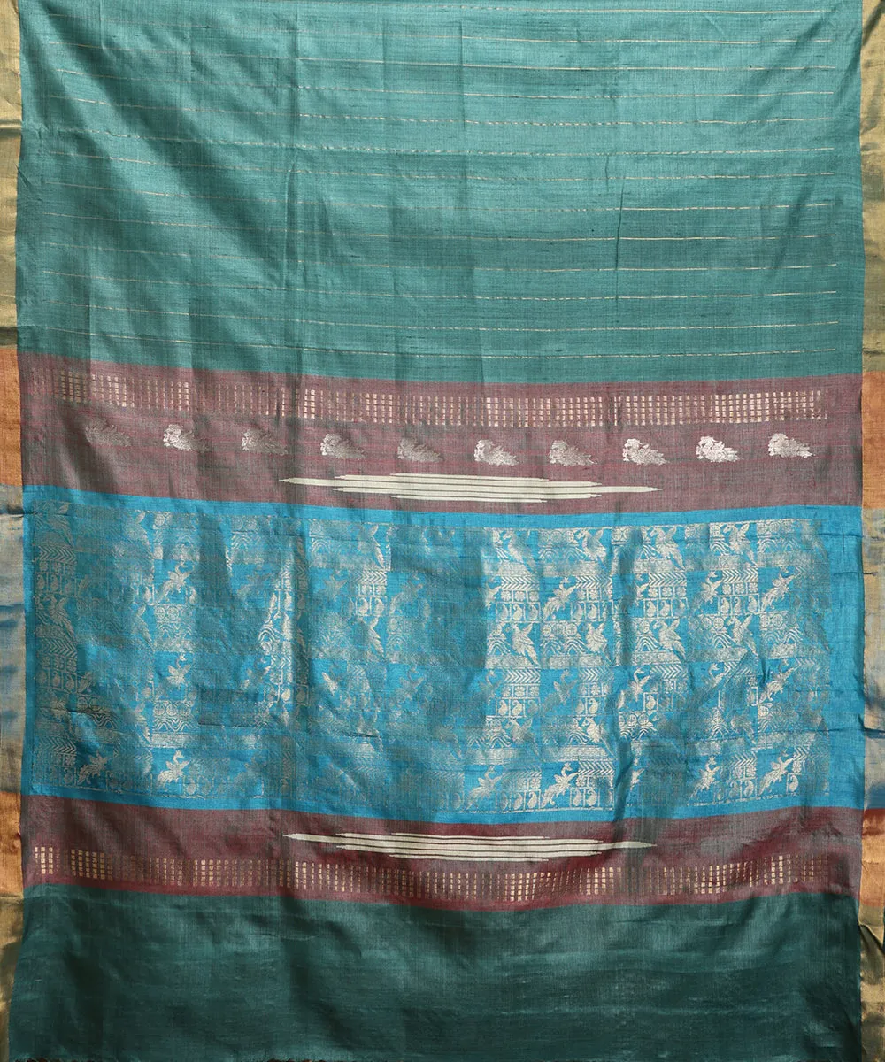 Blue Handloom Pure Kosa Silk Saree With Zari Stripes And Border