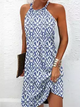 Blue Ombre Marble Print Halter Neck Mini Dress