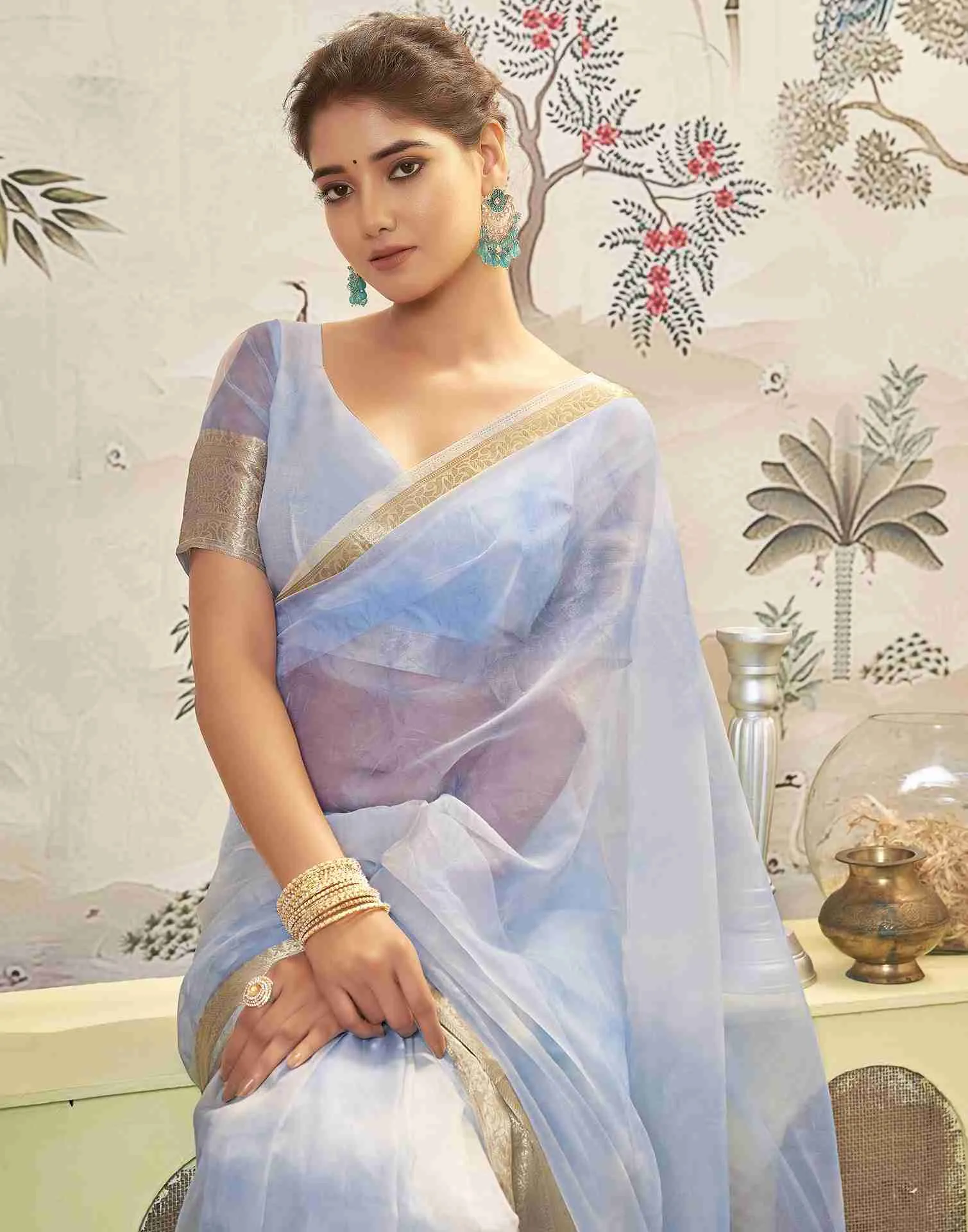 Blue Organza Printed Woven Saree