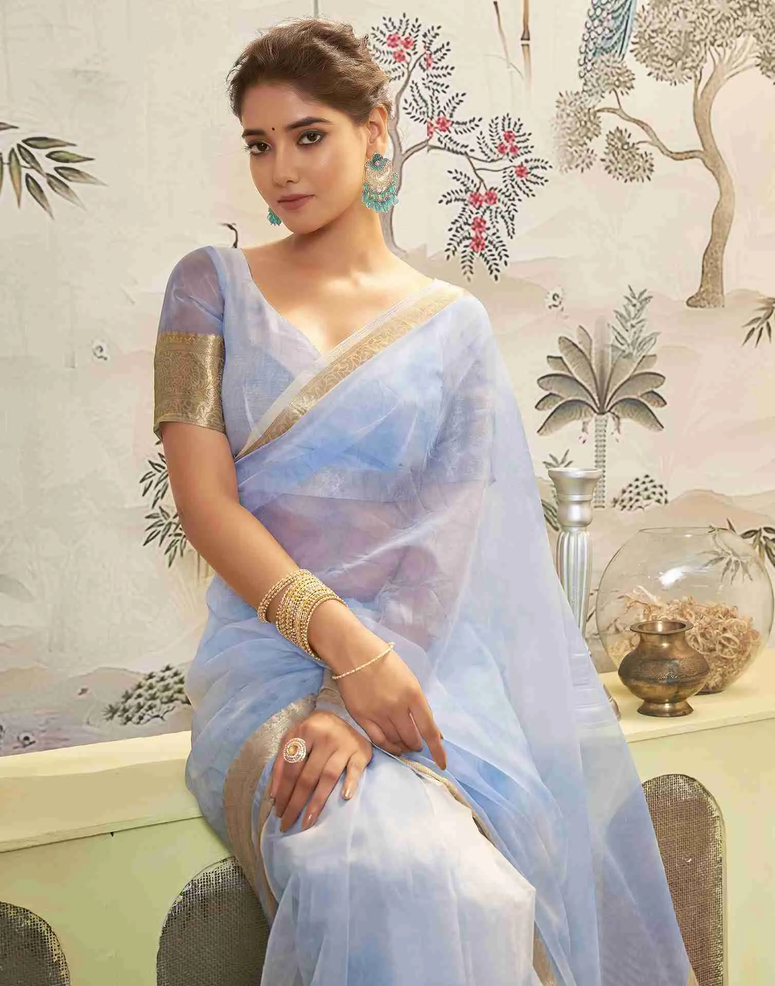 Blue Organza Printed Woven Saree