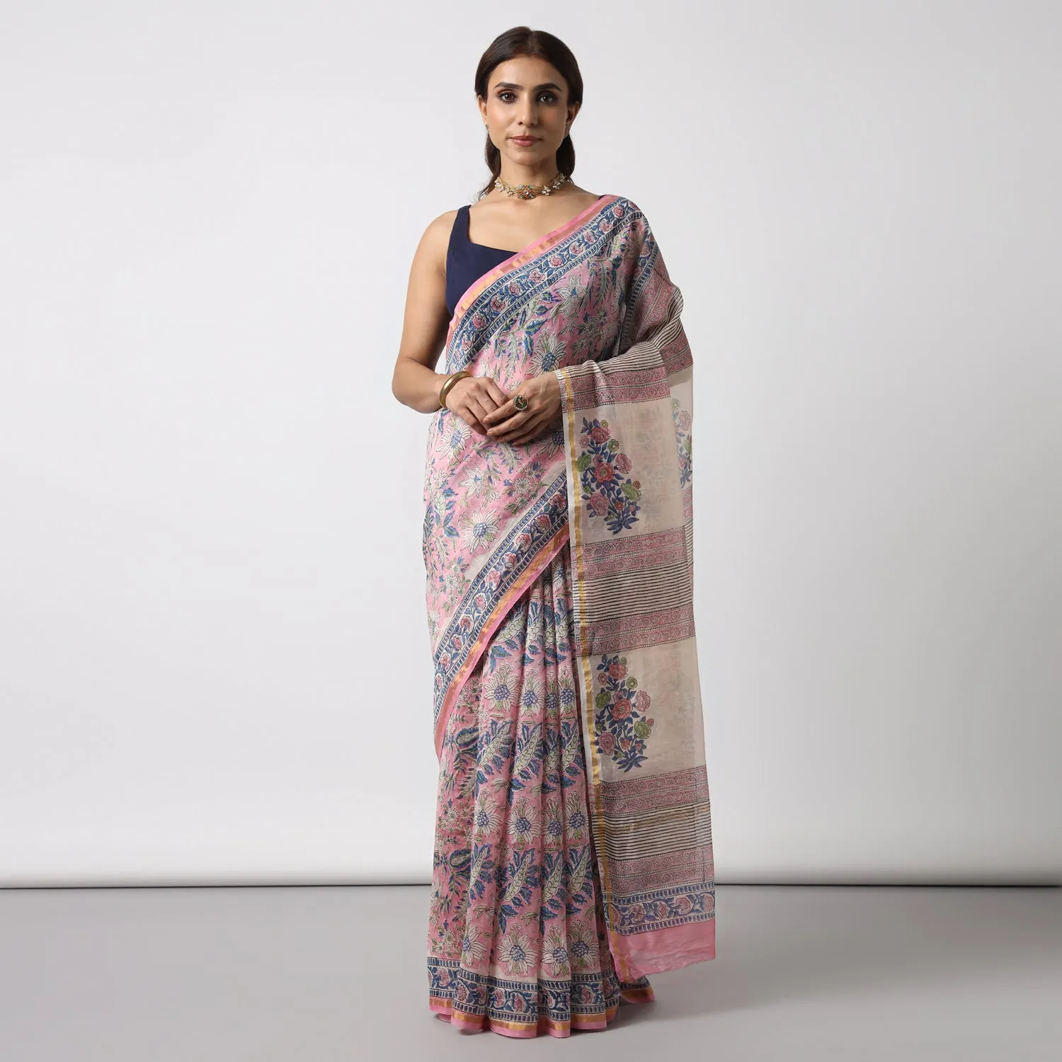 Bluebells - Pink Hand Block Print Chanderi Silk Saree