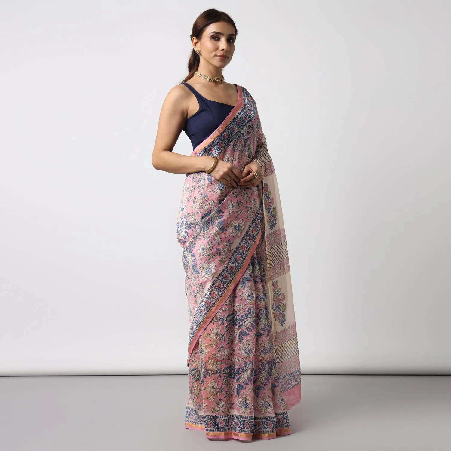 Bluebells - Pink Hand Block Print Chanderi Silk Saree