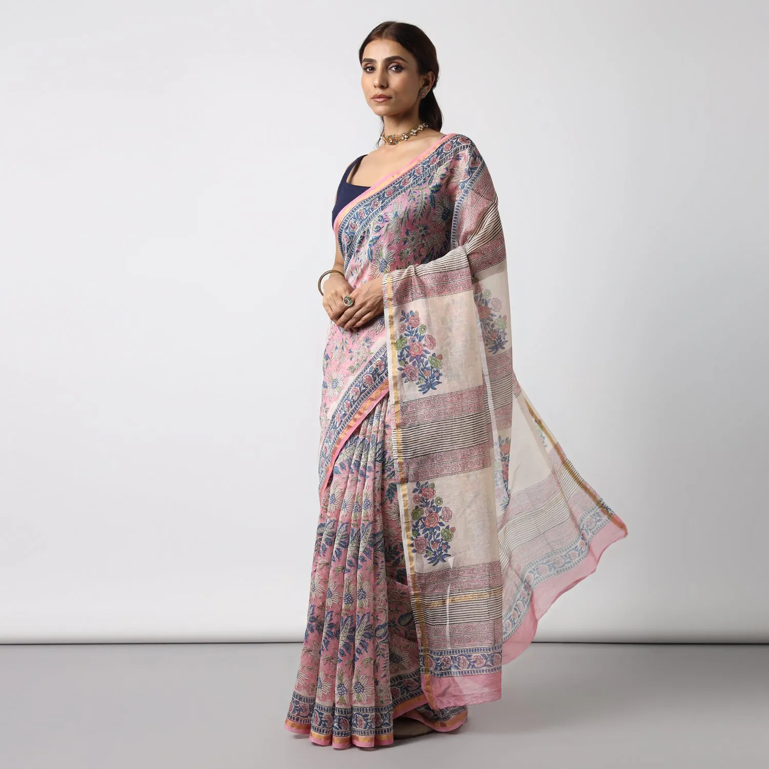 Bluebells - Pink Hand Block Print Chanderi Silk Saree