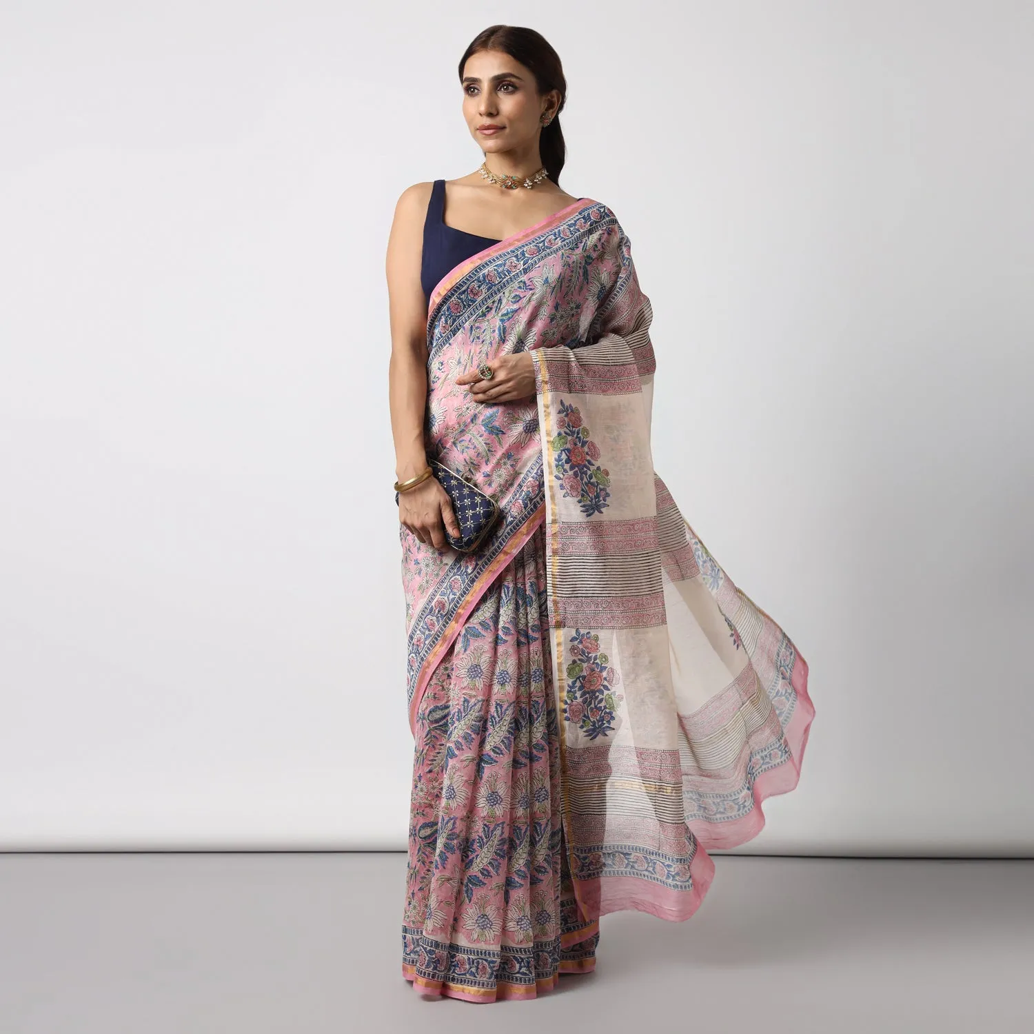 Bluebells - Pink Hand Block Print Chanderi Silk Saree