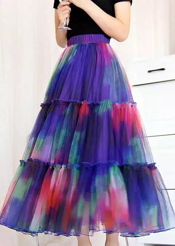 Bohemian Blue Ruffled Tie Dye Tulle Skirt Spring HA1038