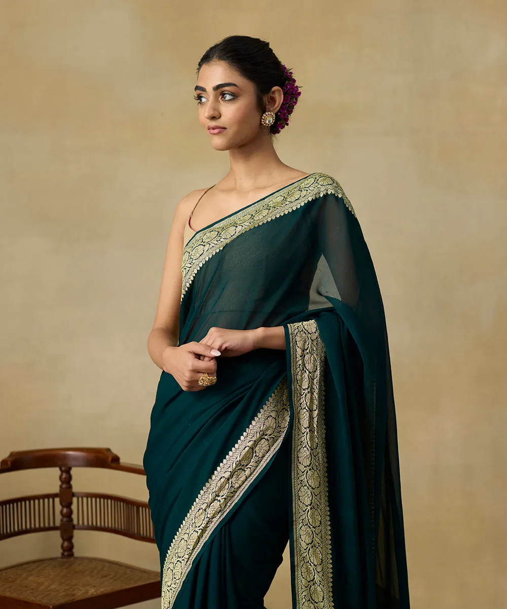 Bottle Green Handloom Pure Georgette Banarasi Saree With Floral Border