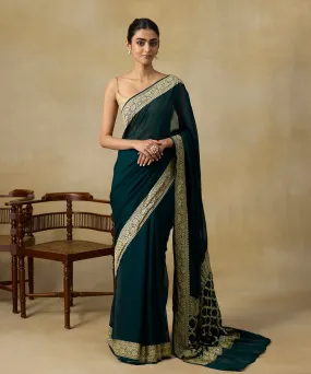 Bottle Green Handloom Pure Georgette Banarasi Saree With Floral Border