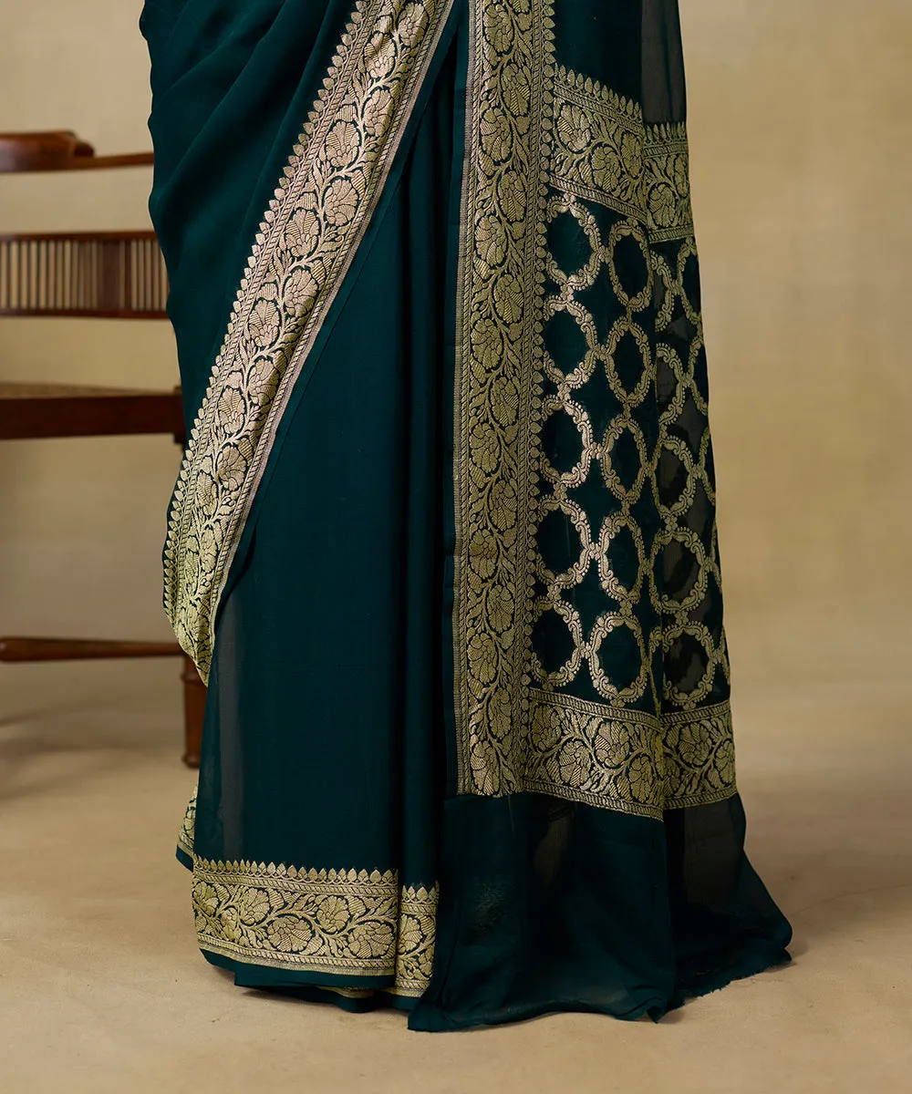 Bottle Green Handloom Pure Georgette Banarasi Saree With Floral Border