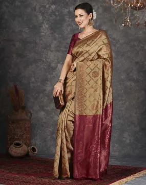 Brown Banarasi Silk Woven Saree With Tassels