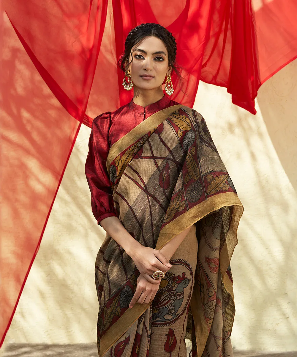 Brown Handloom Pure Linen Saree With Hand Painted Kalamkari Lotus Flowers On Pallu With Annapakshi Motif