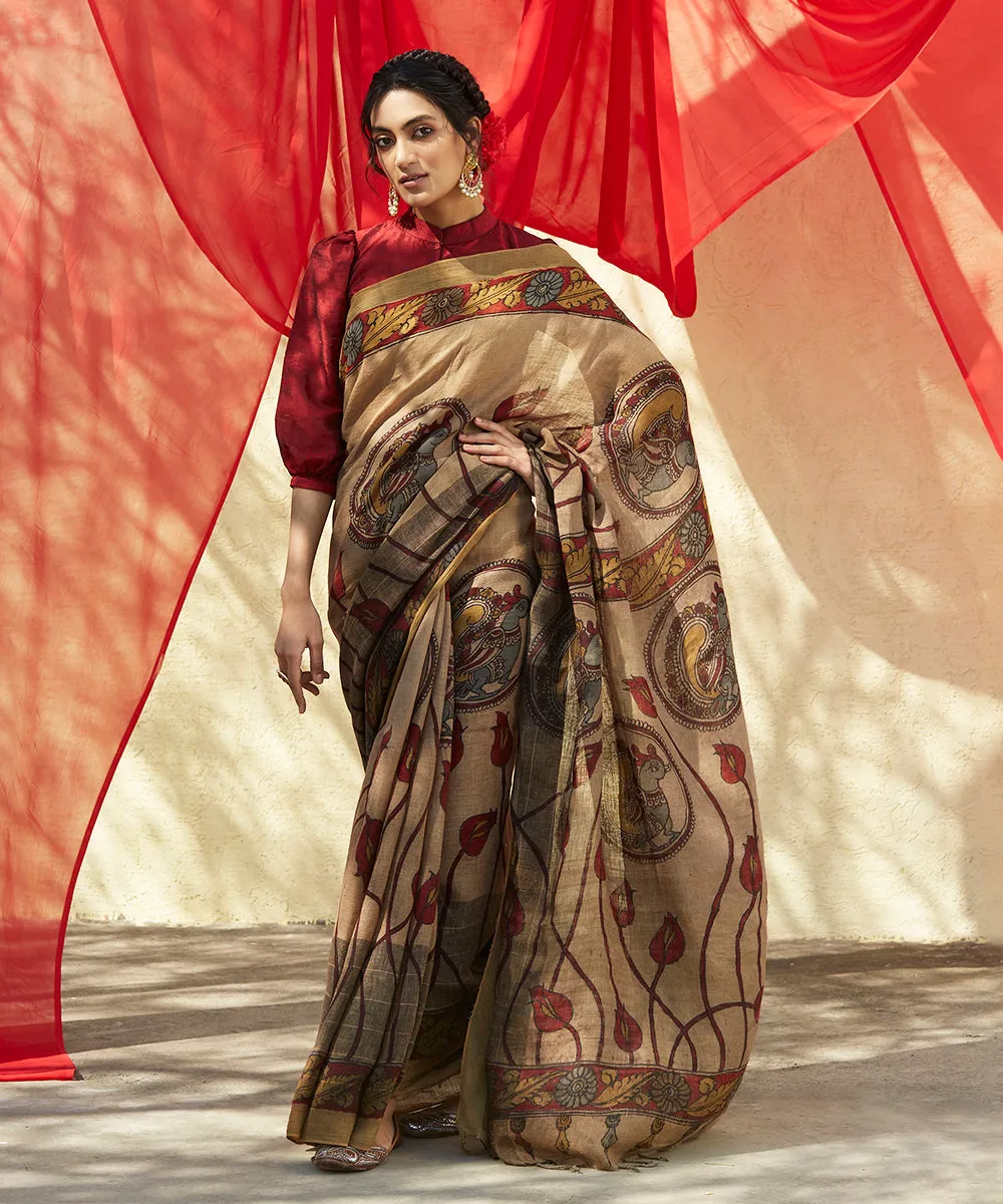 Brown Handloom Pure Linen Saree With Hand Painted Kalamkari Lotus Flowers On Pallu With Annapakshi Motif