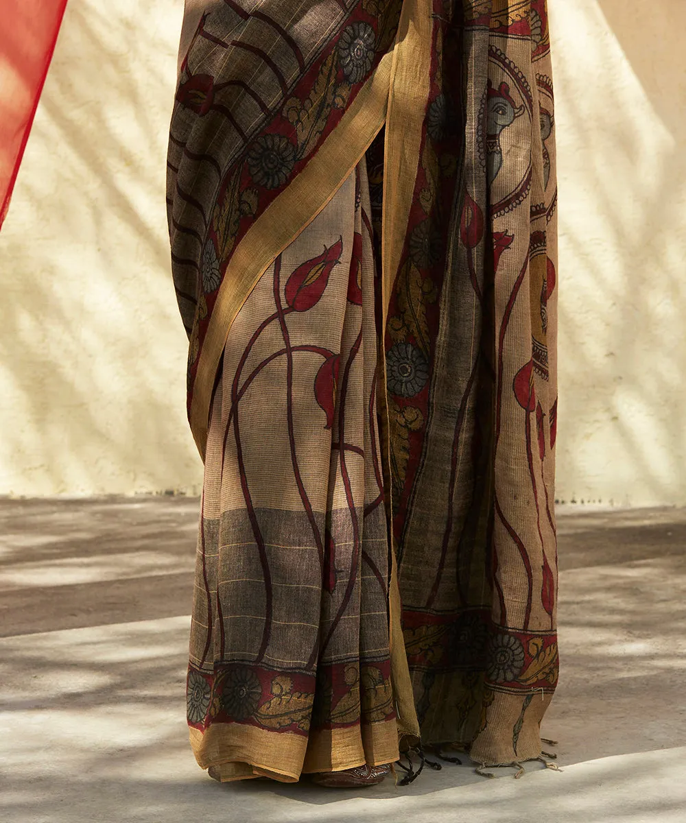 Brown Handloom Pure Linen Saree With Hand Painted Kalamkari Lotus Flowers On Pallu With Annapakshi Motif