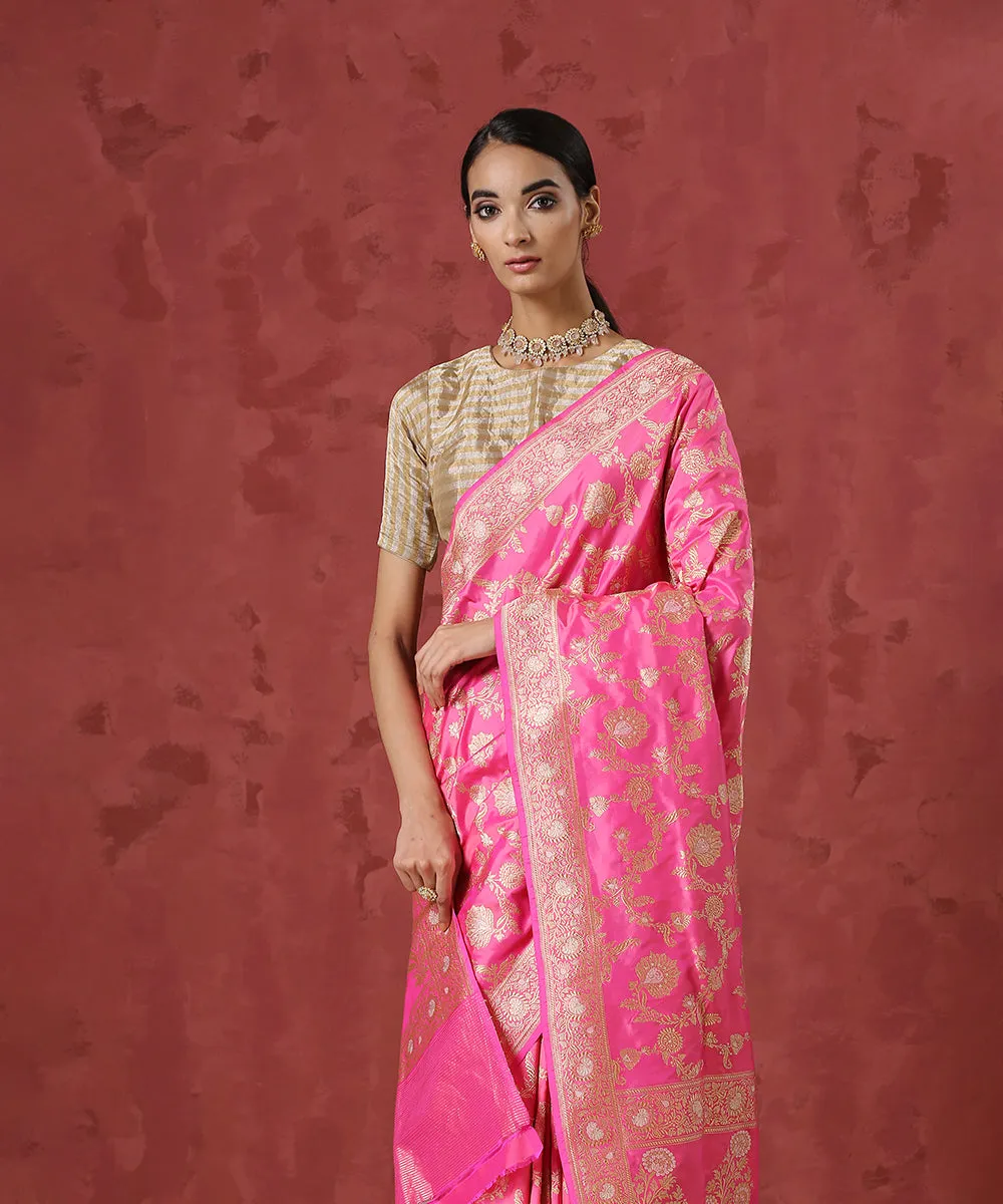 Candy Pink Handloom Pure Katan Silk Banarasi Saree with Sona Rupa Jaal