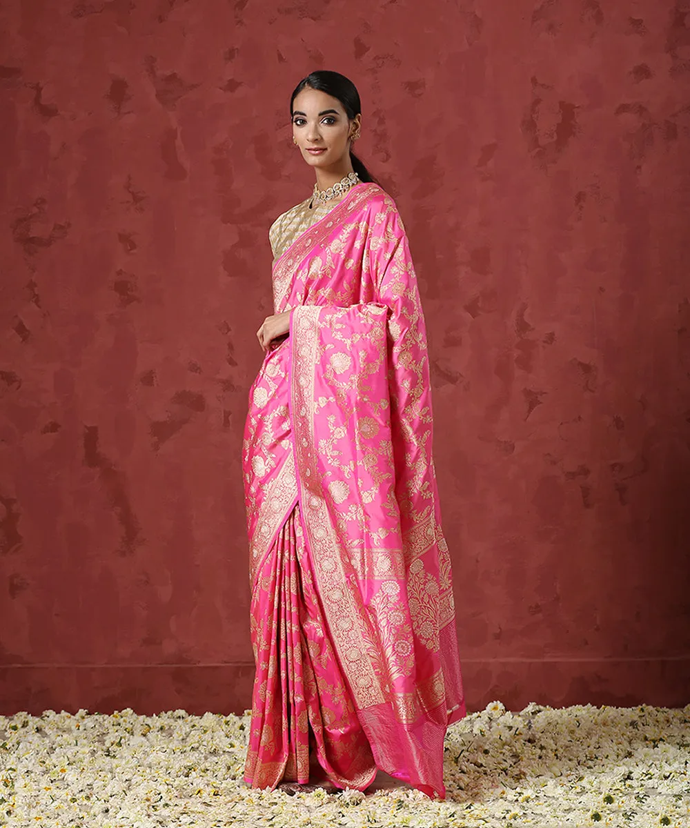 Candy Pink Handloom Pure Katan Silk Banarasi Saree with Sona Rupa Jaal