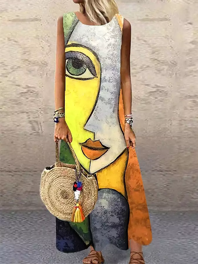 Casual Sleeveless Color Block Maxi Dress with Jacquard Design