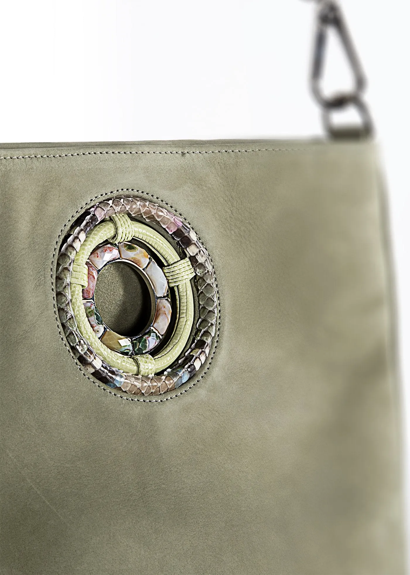 Cloe Jeweled Crossbody Tote - Celadon Green Suede, Ocean Jasper