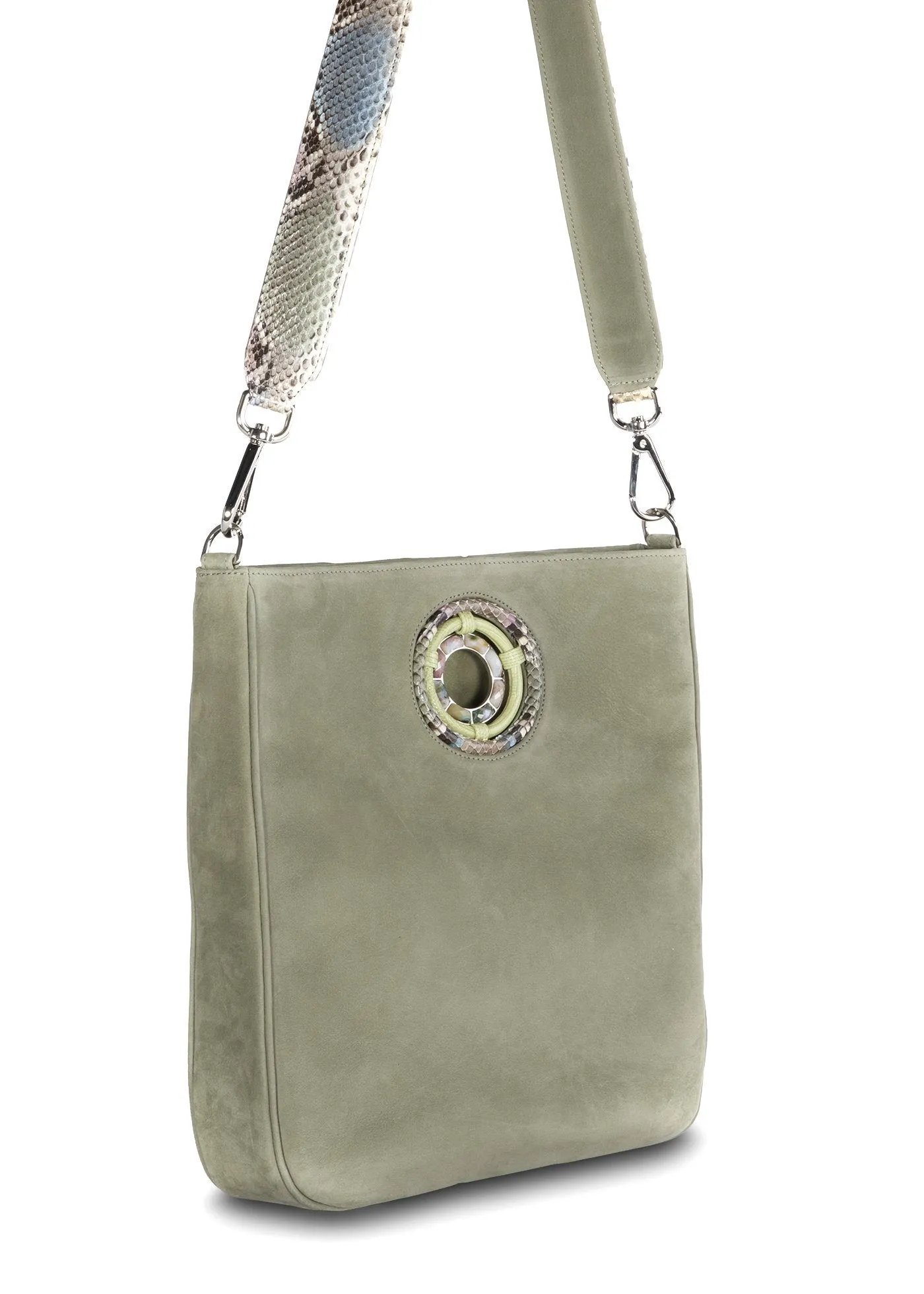 Cloe Jeweled Crossbody Tote - Celadon Green Suede, Ocean Jasper