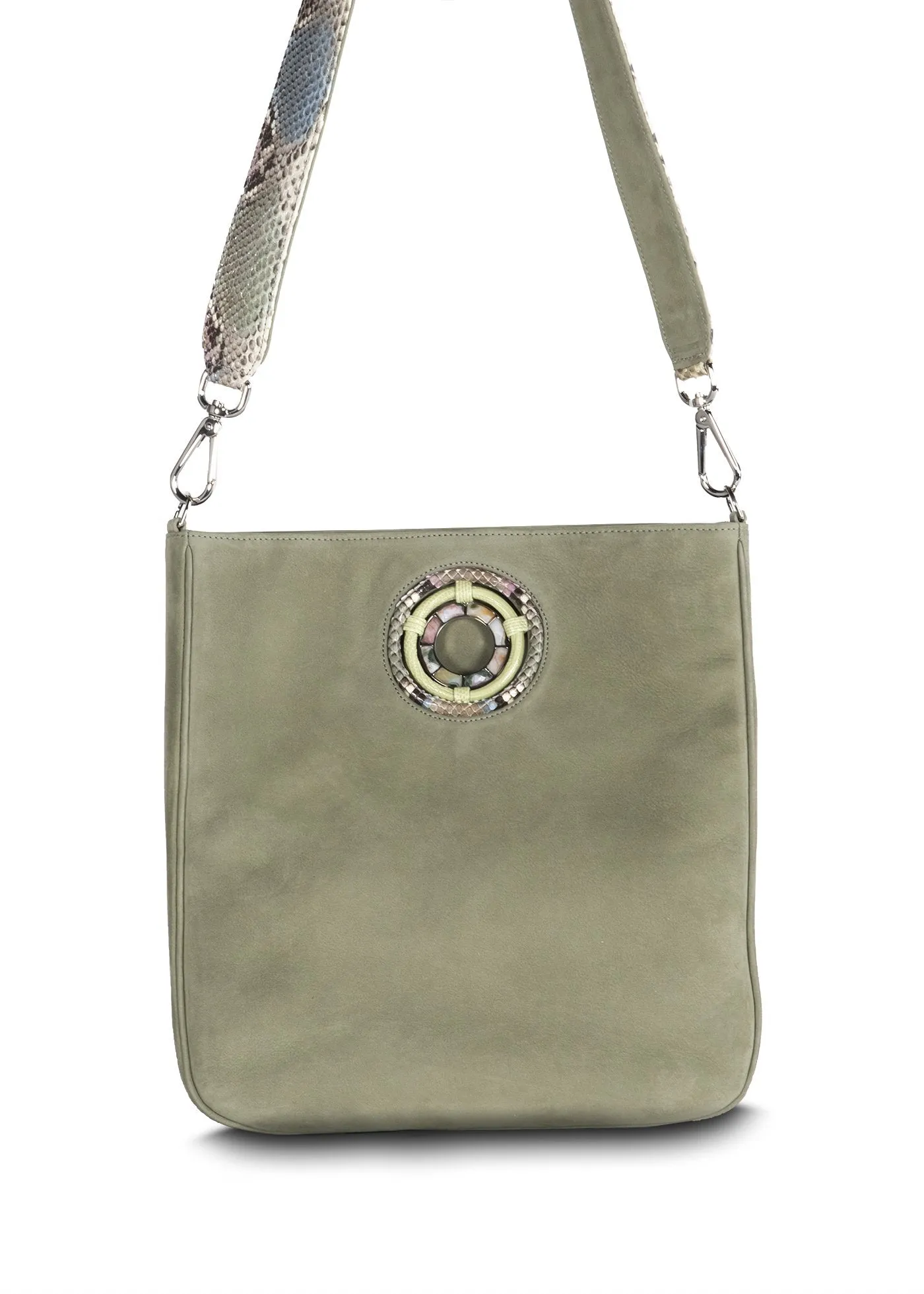 Cloe Jeweled Crossbody Tote - Celadon Green Suede, Ocean Jasper