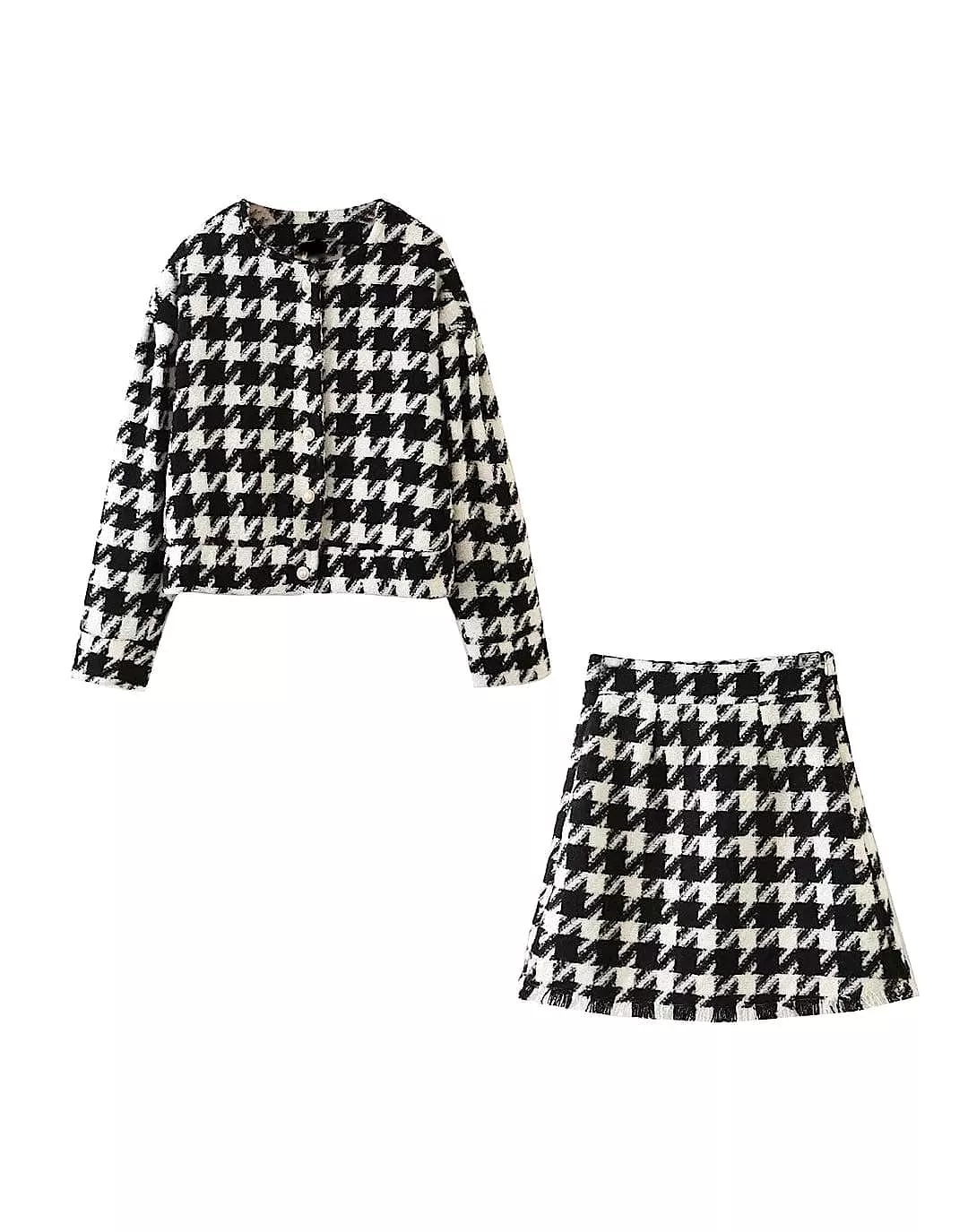 Cozy Houndstooth Jacket and Matching Skirt Tweed Set