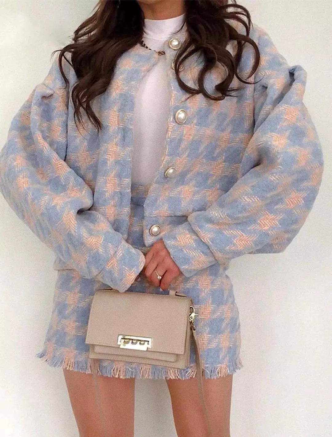 Cozy Houndstooth Jacket and Matching Skirt Tweed Set