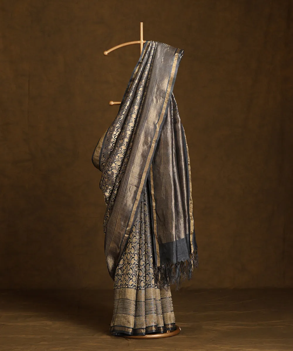 Dark Grey Handloom Pure Kosa Silk Saree With All Over Ambi Jaal