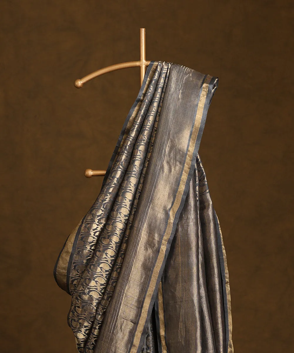 Dark Grey Handloom Pure Kosa Silk Saree With All Over Ambi Jaal