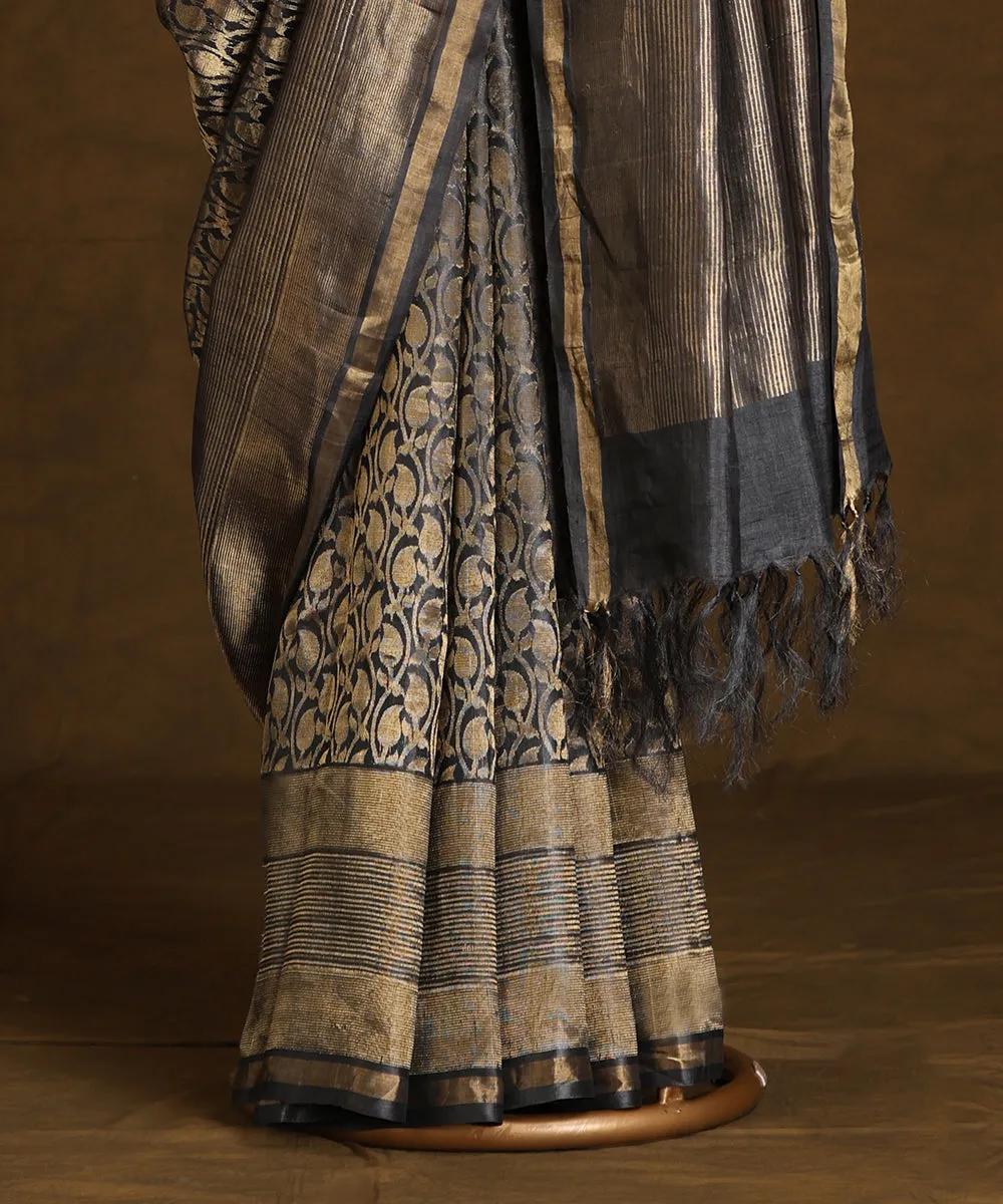 Dark Grey Handloom Pure Kosa Silk Saree With All Over Ambi Jaal