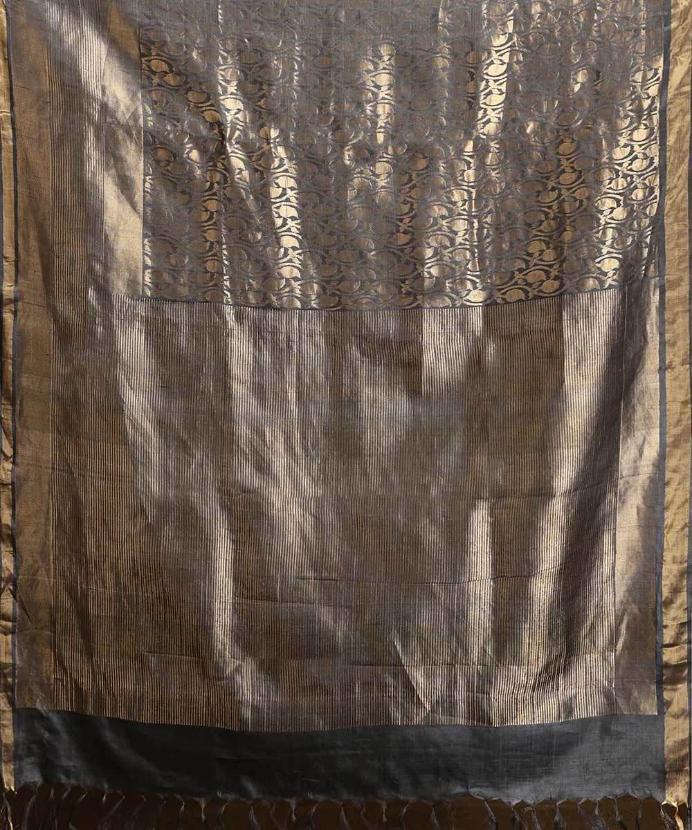 Dark Grey Handloom Pure Kosa Silk Saree With All Over Ambi Jaal