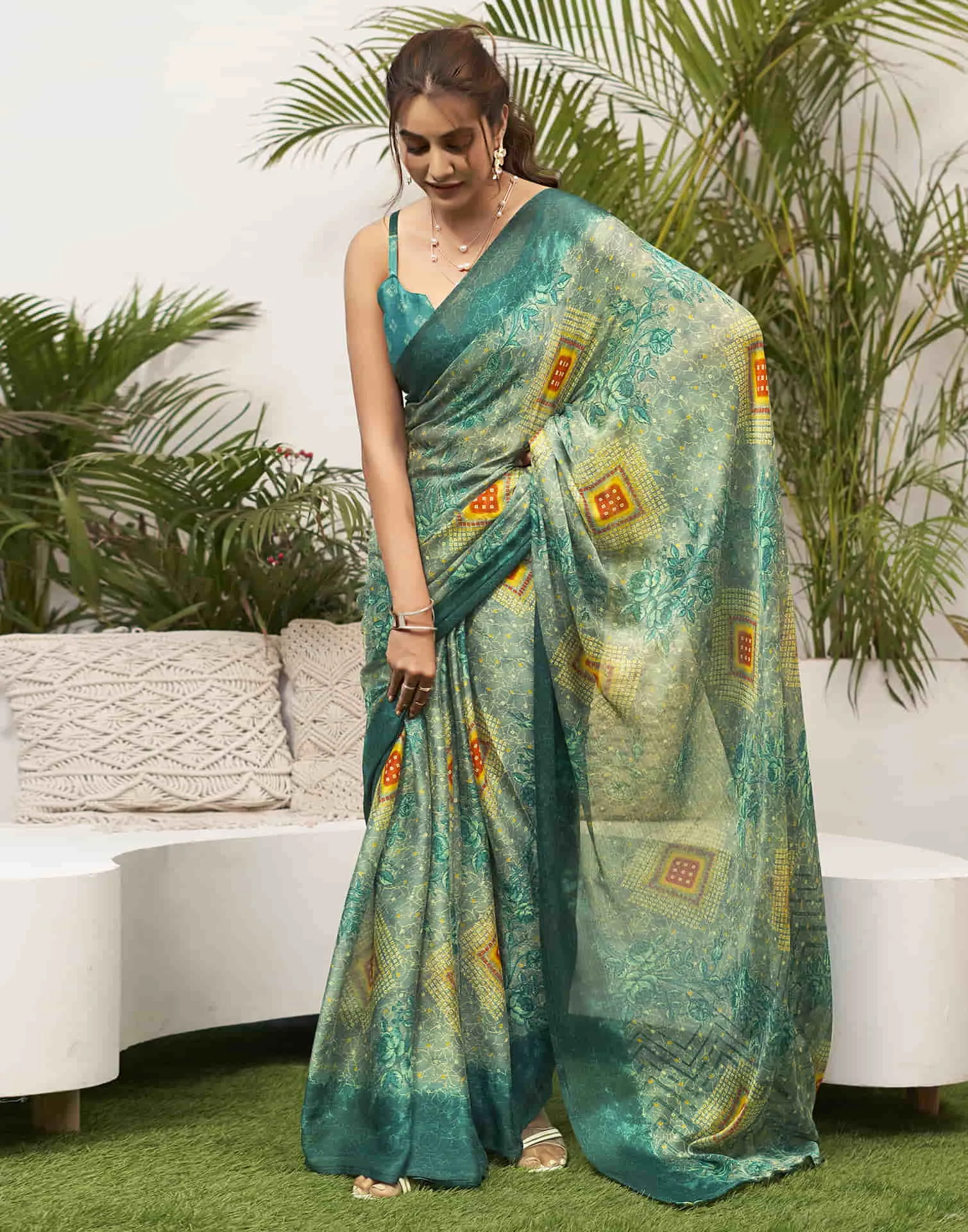 Dark Teal Green Chiffon Bandhani Printed Saree