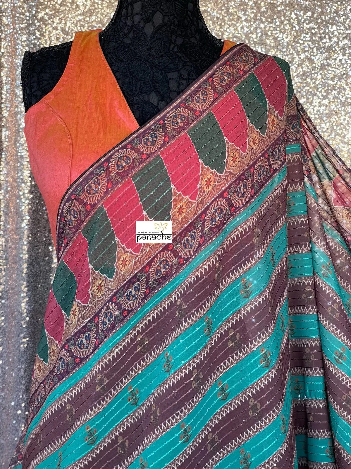 Designer Inspired Georgette Saree - Green Brown Sequin